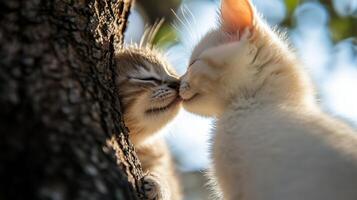 Adorable baby cats sharing a loving kiss under a tree. photo