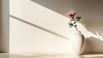 A white vase with a single flower sitting on a table photo