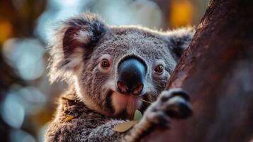 A close up of a koala bear with its mouth open photo