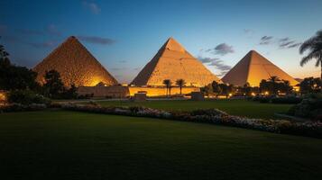 The pyramids of giza at dusk photo