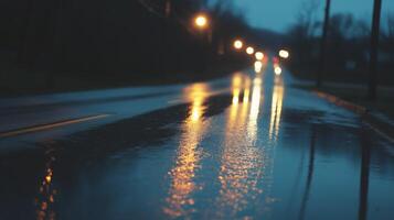 A wet road at night with street lights photo