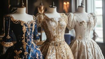 Three dresses are displayed on mannequins photo
