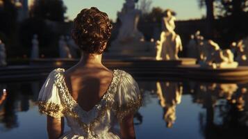 A woman in a white dress stands in front of a fountain photo