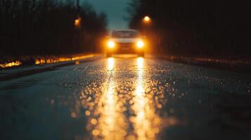 A car driving down a wet road at night photo