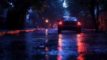 A car driving down a wet street at night photo