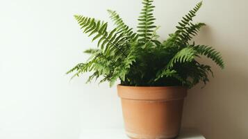 A fern plant is sitting in a pot on a table photo
