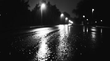 Black and white photo of a wet street at night