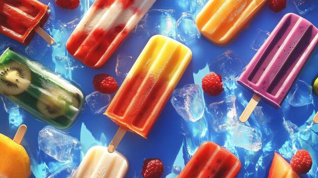 Popsicles are arranged in a blue surface with fruit and ice photo