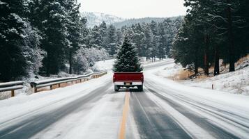 A truck carrying a christmas tree down a snowy road photo