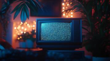 An old television sitting in front of a plant photo