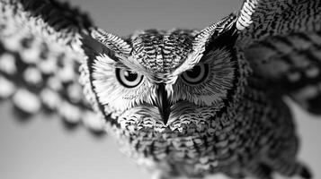 An owl is shown in black and white photo