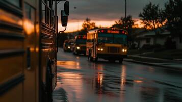 A fleet of school buses leaving an elementary school photo