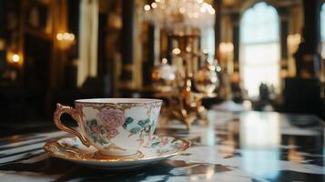 A cup and saucer on a table in a fancy restaurant photo