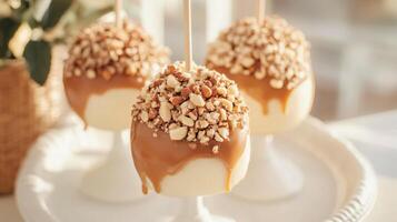 Caramel apple pops with nuts and caramel photo