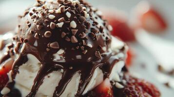 A chocolate covered ice cream sundae with strawberries photo