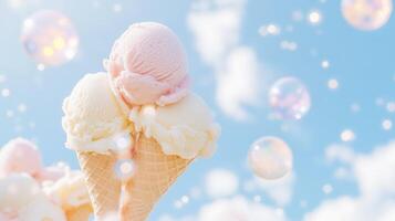 Ice cream in a waffle cone with bubbles in the background photo