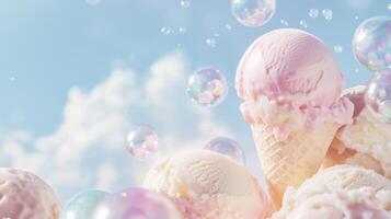 Ice cream and bubbles in a waffle cone photo
