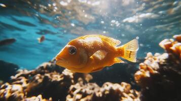 An orange fish swimming in the ocean close up photo