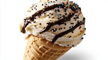 An ice cream cone with chocolate and sprinkles photo