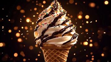 An ice cream cone with chocolate and sprinkles close up photo