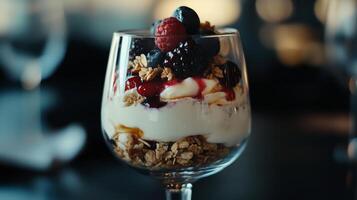 Yogurt parfait with berries and granola photo