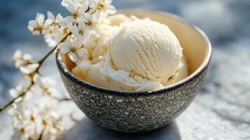 A bowl of ice cream with a flower in the background photo