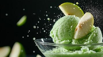 Green apple ice cream with apple slices photo
