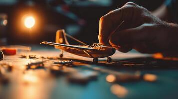 A person is working on a model airplane photo