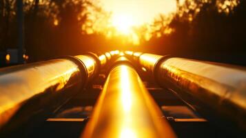 Pipes are lined up at sunset with the sun in the background photo