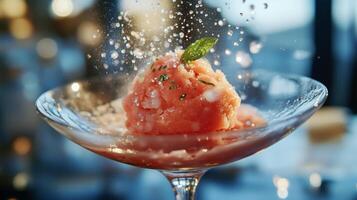 A glass of watermelon being poured into a cocktail glass photo