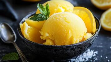 A bowl of lemon ice cream with mint leaves photo