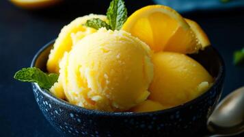 A bowl of ice cream with lemon slices and mint leaves photo
