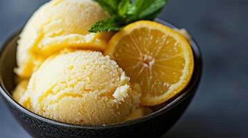 A bowl of ice cream with lemon slices photo