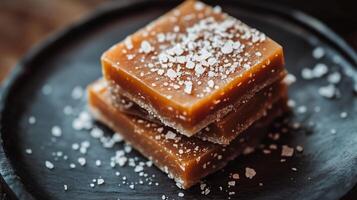 Three pieces of caramel on a plate with salt photo