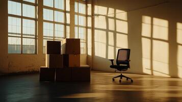 Office chair in an empty room with boxes photo