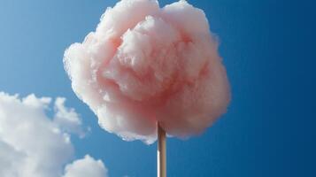 A cotton candy on a stick with a blue sky in the background photo