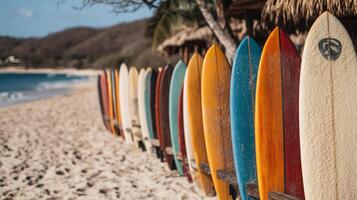 A row of surfboards lined up on a beach photo