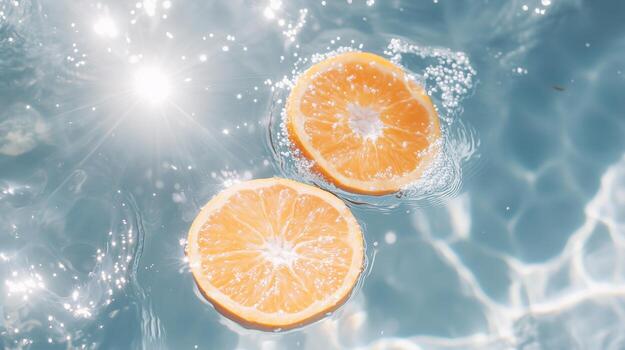 Two oranges floating in the water photo