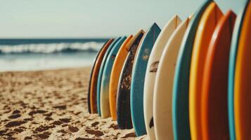 A row of surfboards on the beach photo
