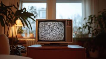 An old television sitting on a table in front of a window photo