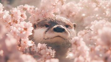 A cute otter in the water surrounded by pink flowers photo