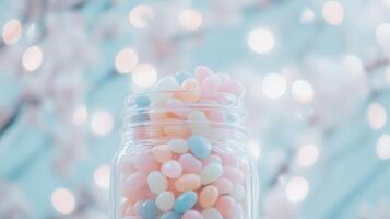 Colorful jelly beans in glass jar against soft pastel bokeh background photo