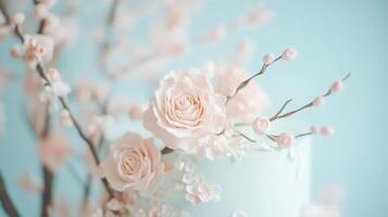 A close up of a white cake with pink roses photo