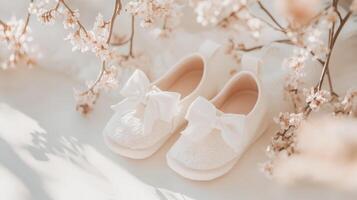 White baby shoes with bows on the bottom photo
