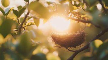 A bird nest in a tree with the sun shining through photo