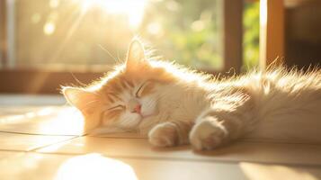 A cat laying on the floor with the sun shining on it photo