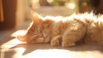 An orange cat laying on the floor in the sunlight photo