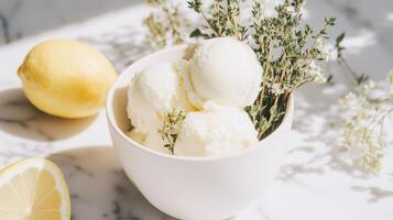Lemon ice cream with thyme and lemon photo