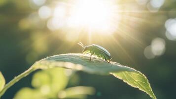 A green beetle on a leaf with sunlight shining through photo