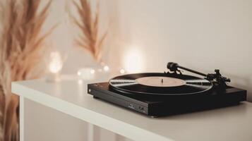 A turntable sits on a table in front of a plant photo